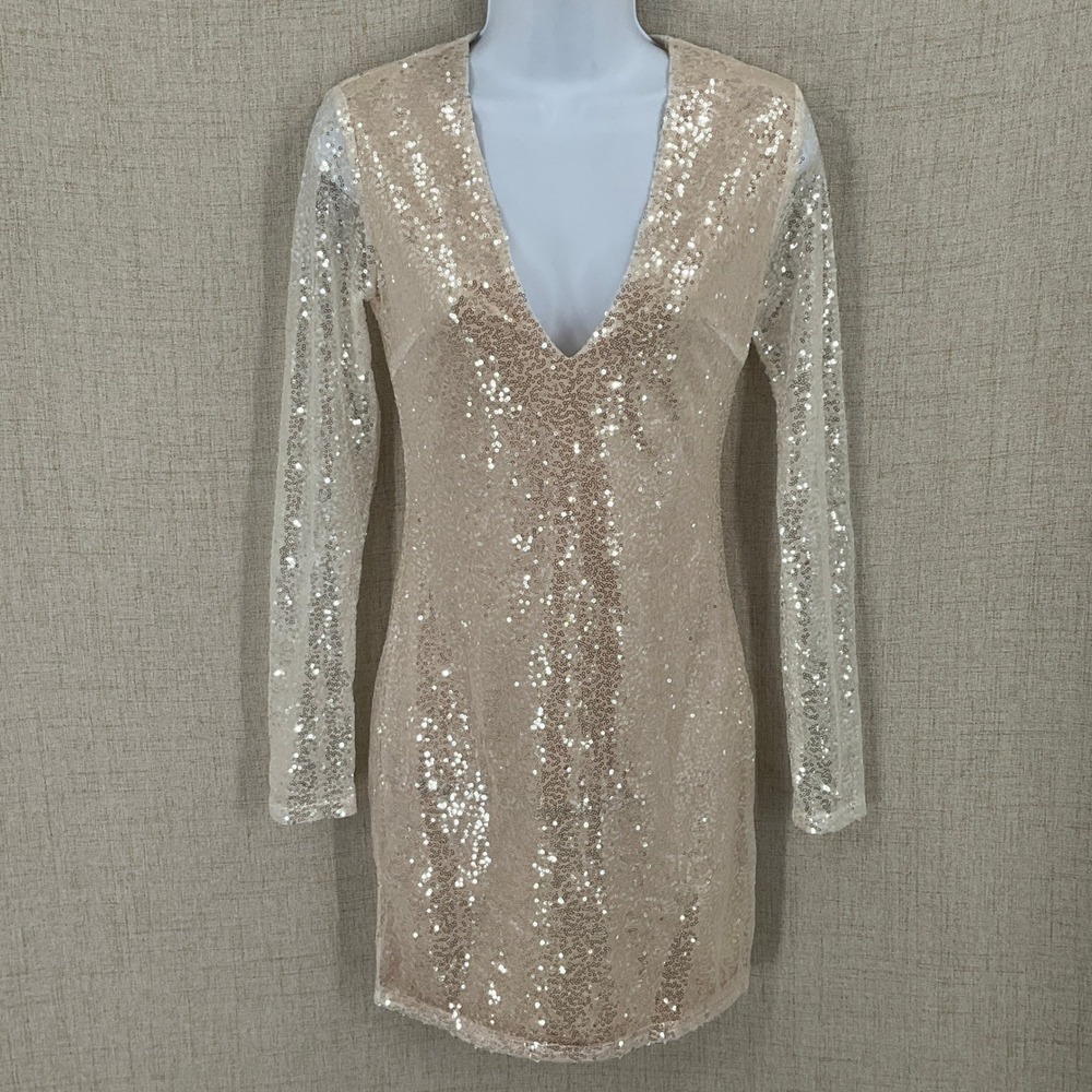 Charlotte Russe Sequin Dress Womens S Gold V-Neck Long Sleeve Bodycon Party GLAM